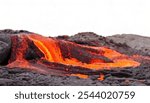 Lava is molten rock or magma that has been expelled from the interior of then Earth or a moon crust onto its surface. Isolated on white background with copy space. A’a and pahoehoe two main forms