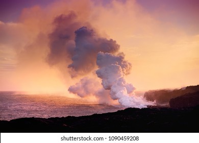 Lava Pouring Into The Ocean Creating A Huge Poisonous Plume Of Smoke At Hawaii's Kilauea Volcano, Volcanoes National Park, Big Island Of Hawaii