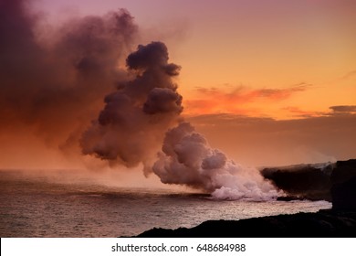 Lava Pouring Into The Ocean Creating A Huge Poisonous Plume Of Smoke At Hawaii's Kilauea Volcano, Volcanoes National Park, Big Island Of Hawaii