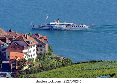 Lavaux - cruise steamboat passing Rivaz, Lavaux vineyards on terraces - UNESCO World Heritage, Lake Geneva,  Lac Leman, district of Lavaux-Oron, canton Vaud, Switzerland, Europe