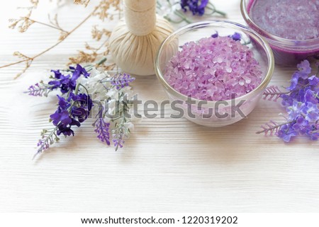 Lavender aromatherapy Spa with candle.  Thai Spa relax Treatments and massage white background.  Healthy Concept. select and soft focus