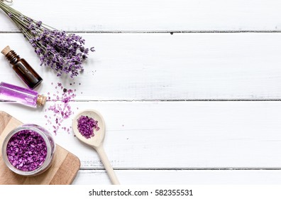 Lavender Bath Salt On Wooden Table Top View