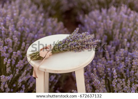 Lavender bouquet on the creamy wooden bench in lavender field