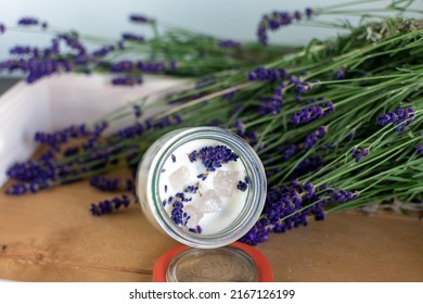 Lavender Candle In Mason Jar With Rose Quartz. Front View