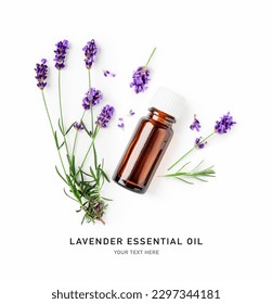 Lavender essential oil in bottle, fresh flowers and leaves isolated on white background. Creative layout. Top view, flat lay. Alternative medicine concept. Design element - Shutterstock ID 2297344181
