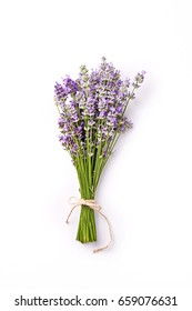 Lavender Flower Bouquet On A White Background. Top View