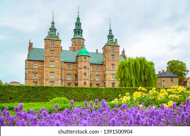 lavender flowerbed in gardens of Rosenborg Castle in Copenhagen, Denmark. Garden and Rosenborg Palace in Copenhagen. Tourist famous places in Copenhagen