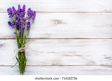 Lavender Flowers, Bouquet, Overhead On White Wooden Background