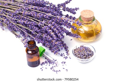 Lavender Flowers With Oil  Isolated On White Background