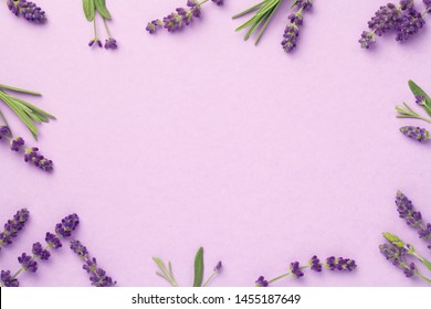 Lavender Flowers On Pink Background. Copy Space. Top View, Flat Lay