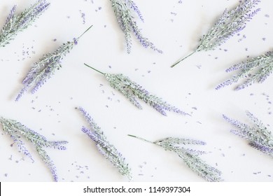 Lavender Flowers Pattern On Pastel Gray Background. Flat Lay, Top View