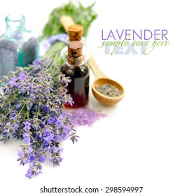 Lavender Fresh Flowers And Lavender Oil On White Background