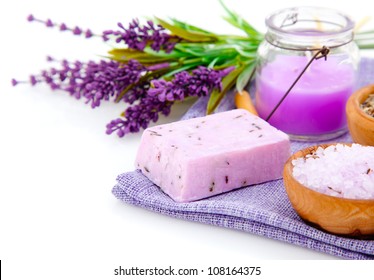 Lavender Soap, Bath Salt And Candle Isolated On White Background