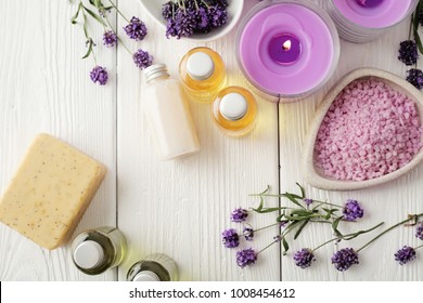 Lavender SPA Cosmetics, Flat Lay. Soap, Essential Oils, Bath Salt And Aromatherapy Candles