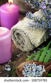 Lavender spa setting. Wellness theme with lavender products.