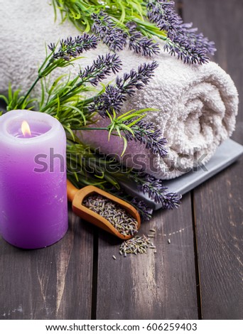 Lavender spa setting. Wellness theme with lavender products.