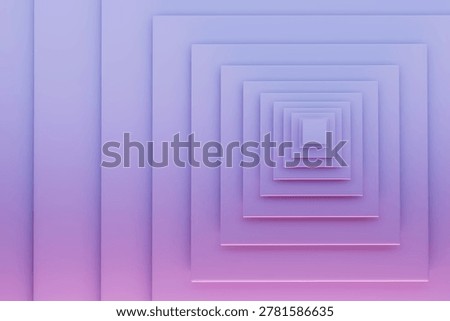 Сoncentric lavender squares stack in soft layers, forming glowing infinite tunnel with gentle gradients, elegance. Abstract geometric minimal background. Evokes calm depth, serenity, timeless harmony.