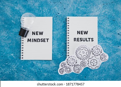 law of attraction conceptual image, notepad with New Mindset New Results text with light bulb and gearwheel mechanism - Shutterstock ID 1871778457
