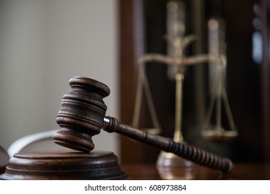 Law Concept. Closeup Of Gavel In Court Room