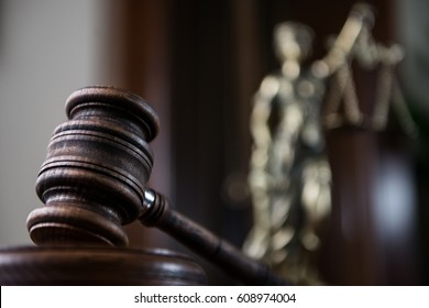 Law Concept. Closeup Of Gavel In Court Room