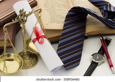 Law Concept, Scale, Books, Degree And Tie