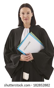 Law Court Or Justice Concept. Young Woman Lawyer Attorney Wearing Classic  French Black White  Gown With File Folder Or Dossier (cold Case) Isolated On White Background 