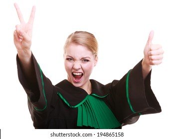 Law Court Or Justice Concept. Young Woman Lawyer Attorney Wearing Classic Polish (Poland) Black Green Gown Making Ok Sign Victory Thumb Up Hand Gesture Celebrating Success Isolated On White Background