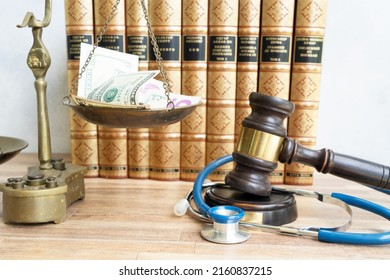 Law Gavel And Balance Weighter With Money, Treatment Costs And Medical Law Concept