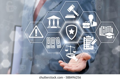 Law Insurance And Security Business Concept. Man Offer Shield Star Icon On Virtual Judicial Screen On Background Of Network Justice Icon. Safety Judge Court Tribunal Technology