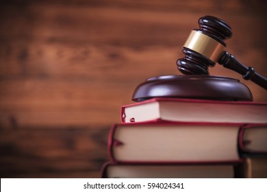 law and justice concept, books with judge's hammer on top
