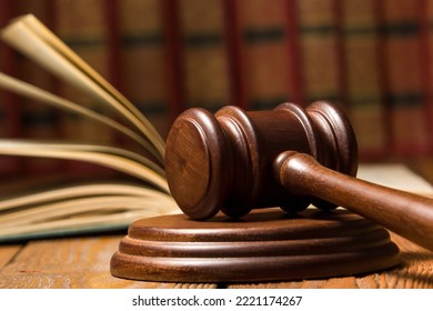 Law and justice concept. Mallet gavel of the judge, scales of justice, books. Copy space for text. - Shutterstock ID 2221174267