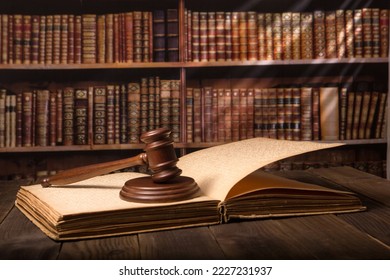 Law and justice concept. Mallet gavel of the judge, scales of justice, books. Copy space for text. - Shutterstock ID 2227231937