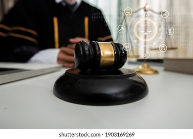 Law and Legal services concept, Lawyer table office and law interface icons, Blurred background.   
