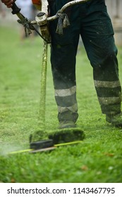 Law Mower Man Trimming Grass In The City