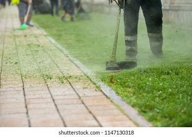 Law Mower Man Trimming Grass In The City