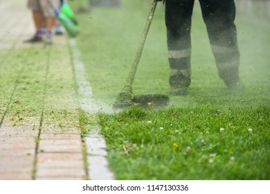 Law Mower Man Trimming Grass In The City