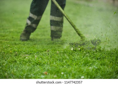 Law Mower Man Trimming Grass In The City