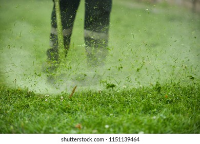 Law Mower Man Trimming Grass In The City