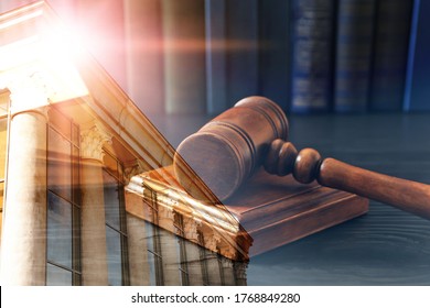 Law protection. Double exposure of wooden gavel and court building