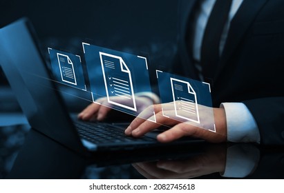 Law Regulation And Compliance Rules On Virtual Screen Concept. Businessman Working At Laptop Computer And Digital Documents With Checkbox Lists. 