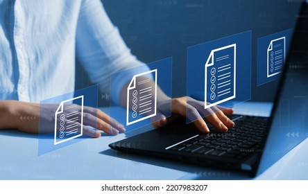 Law regulation and compliance rules on virtual screen. Business  computer and digital documents with checkbox lists. - Shutterstock ID 2207983207