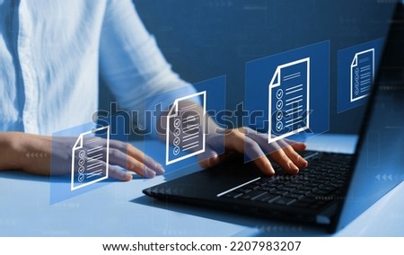 Law regulation and compliance rules on virtual screen. Business  computer and digital documents with checkbox lists.