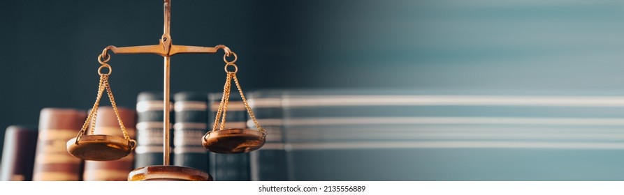 Law Scales On Table Background. Symbol Of Justice
