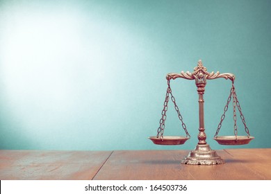 Law scales on table. Symbol of justice
