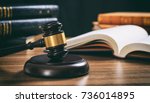 Law studies. Judge gavel on a wooden desk, blur legal books background