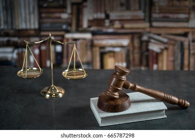 Law symbols on rustic desk