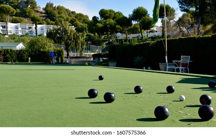 Lawn Bowls Balls Positioned On A Smooth Playing Surface, A Bowls Green. 