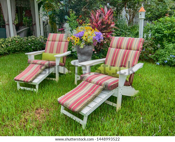 Lawn Chairs On Suburban Lawn Colorful Stock Photo Edit Now