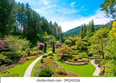 Lawn and Flower beds in the Spring with Lush colors, Victoria, Canada 