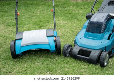 Lawn Mover Machine Cut Green Grass And Electric Lawn Aerator, Hobby Planting Home Garden.